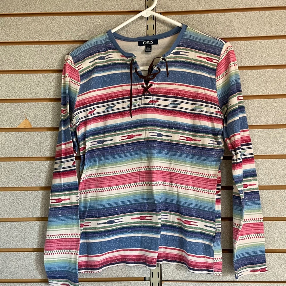 Chaps Southwestern Striped Lace Up Long Sleeve Shirt Women's M Aztec multicolor